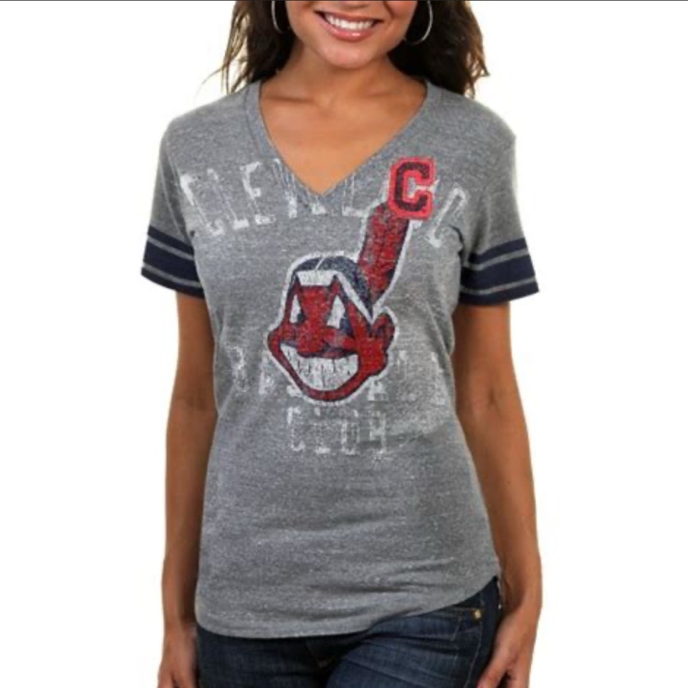 Majestic Gray Cleveland Indians Short Sleeve V-Neck Tee with Red Logo